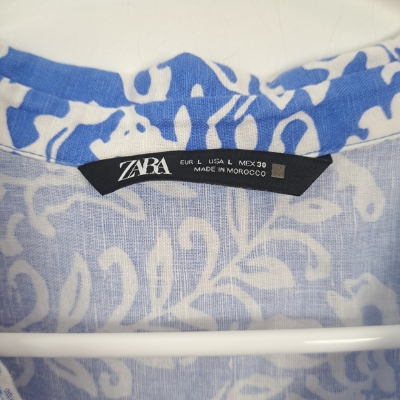 Zara Blue White Floral Printed Linen Blend Coastal Button Up Midi Dress Size L - Picture 6 of 8